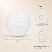 Weißer Papierlampion mit Maßangaben für Größe und Öffnung