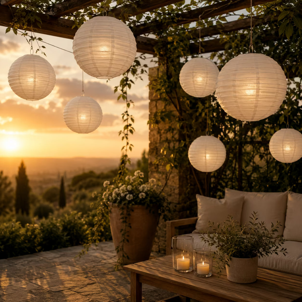 Weisse Papierlampions 25 cm als warme Abenddeko auf der Terrasse
