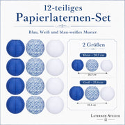 Blau-weiße Papierlampions hängend auf einer Terrasse mit Stadtblick bei Nacht