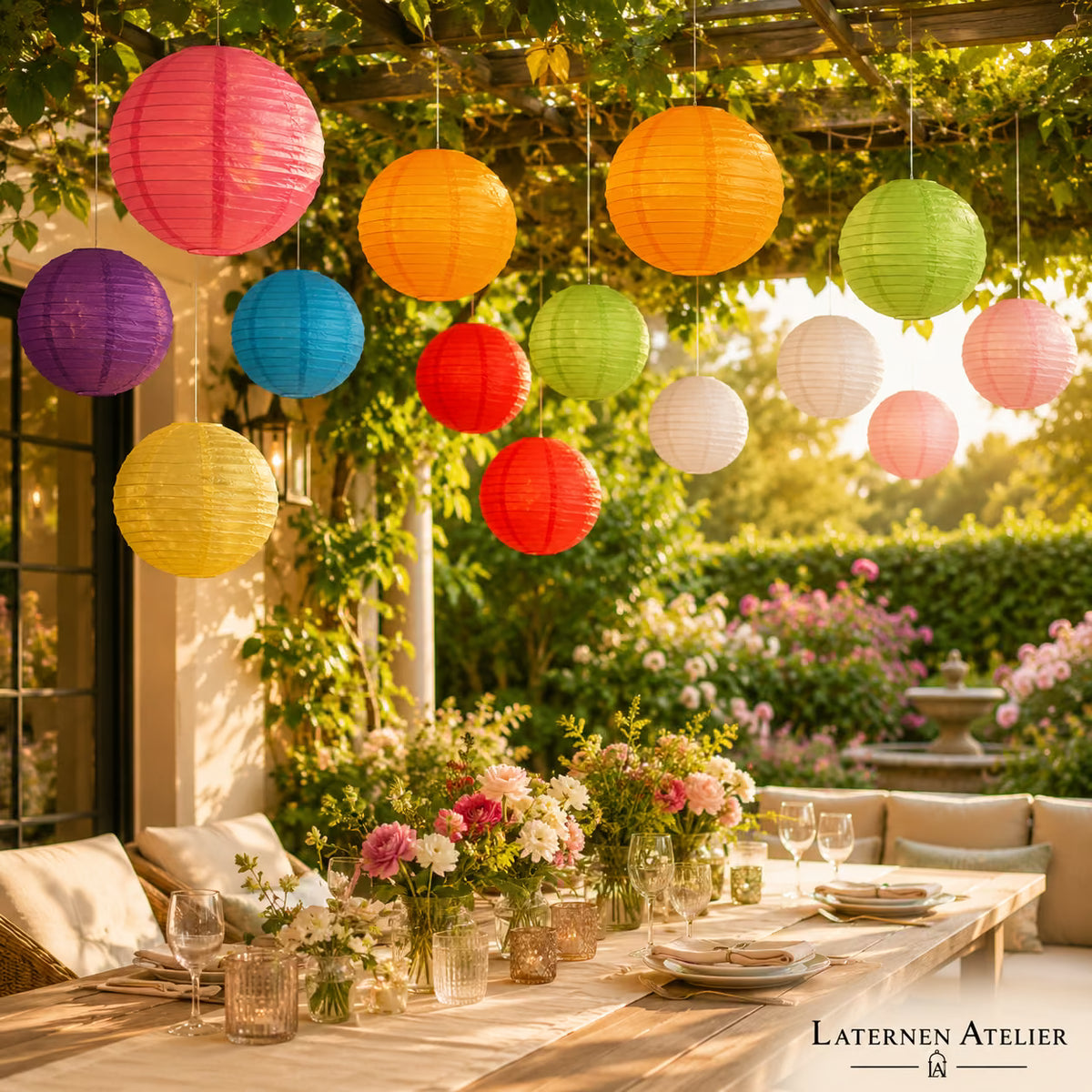 Bunte Papierlampions über einem gedeckten Gartentisch bei Tageslicht