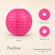 Pinkfarbener Fuchsia-Papierlampion mit Größen- und Öffnungsangaben