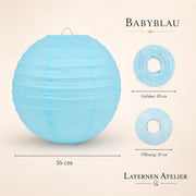 Babyblauer Papierlampion mit Größen- und Öffnungsangaben