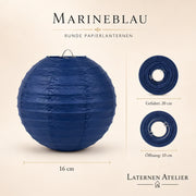Marineblauer Papierlampion mit Größen- und Öffnungsangaben