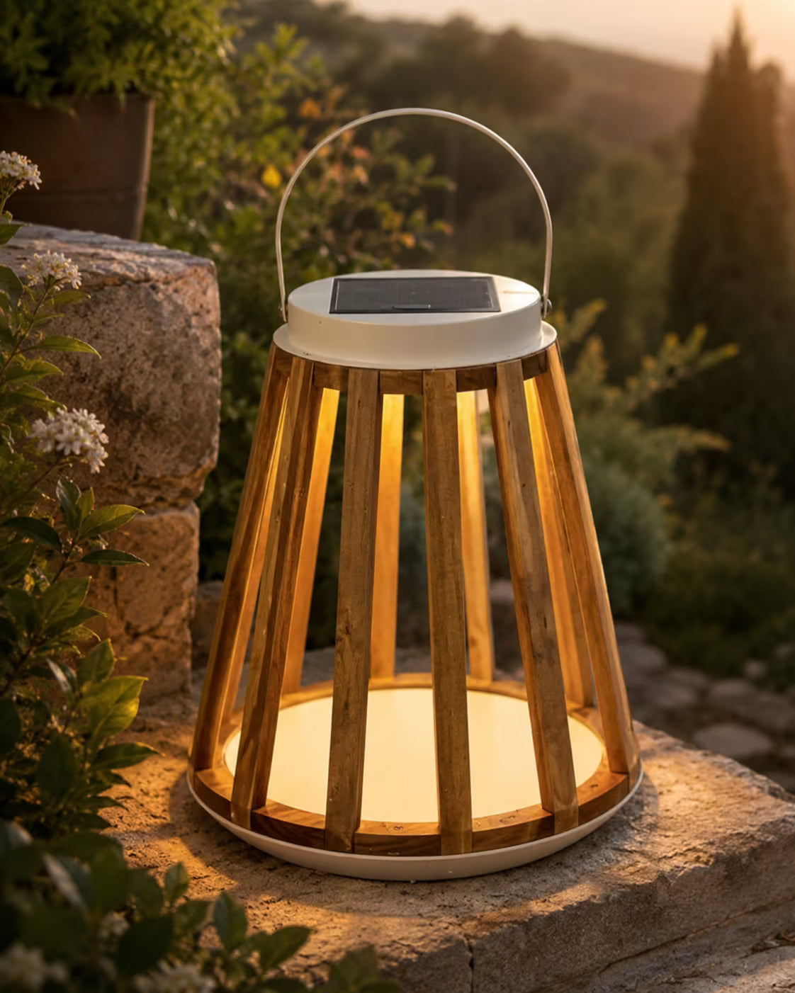 Große Solar-Holzlaterne mit warmem Licht für Garten Terrasse und Außenbereich
