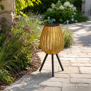 Große Solar-Laterne Outdoor mit warmem LED-Licht auf einem Gartenweg zwischen Pflanzen