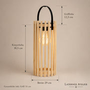 Hängende Solar-Bambuslaterne mit 15 cm Breite und 30 cm Körperhöhe, Gesamthöhe mit Griff ca. 40,5 cm