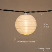 Maße der Solar-Lampion-Lichterkette mit 7,5 cm Lampions und 7 cm Höhe