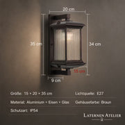 Maße der Wandlaterne außen aus Aluminium und Glas mit E27-Fassung und IP54 laut Herstellerangabe
