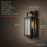 Maße der schwarzen Außen-Wandlaterne aus Eisen und Glas mit 35 cm Höhe und 15,5 cm Breite