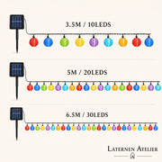 Maße der Papier-Lampion-Lichterkette: 3,5 m mit 10, 5 m mit 20 und 6,5 m mit 30 Lampions