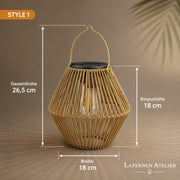 Maße der Solar-Rattanlaterne Boho Style 1 mit 26,5 cm Höhe und 18 cm Breite