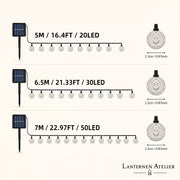 Maße der Solar-Lampion-Lichterkette: 5 m mit 20 LEDs, 6,5 m mit 30 LEDs und 7 m mit 50 LEDs