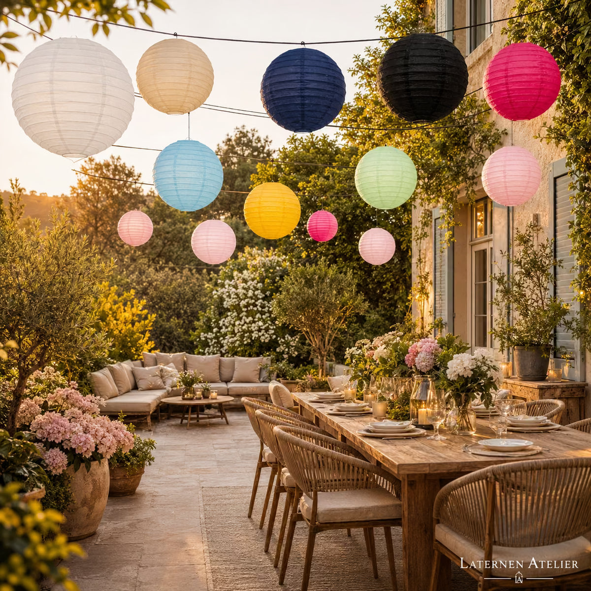 Papierlampions 5er Set in vielen Farben als festliche Gartendeko über einer gedeckten Terrasse